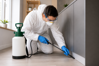 Pest control worker in white protective gear spraying insecticide along a baseboard indoors