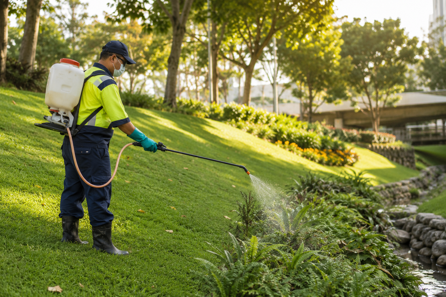 Worker spraying grass in a sunny park with a backpack sprayer