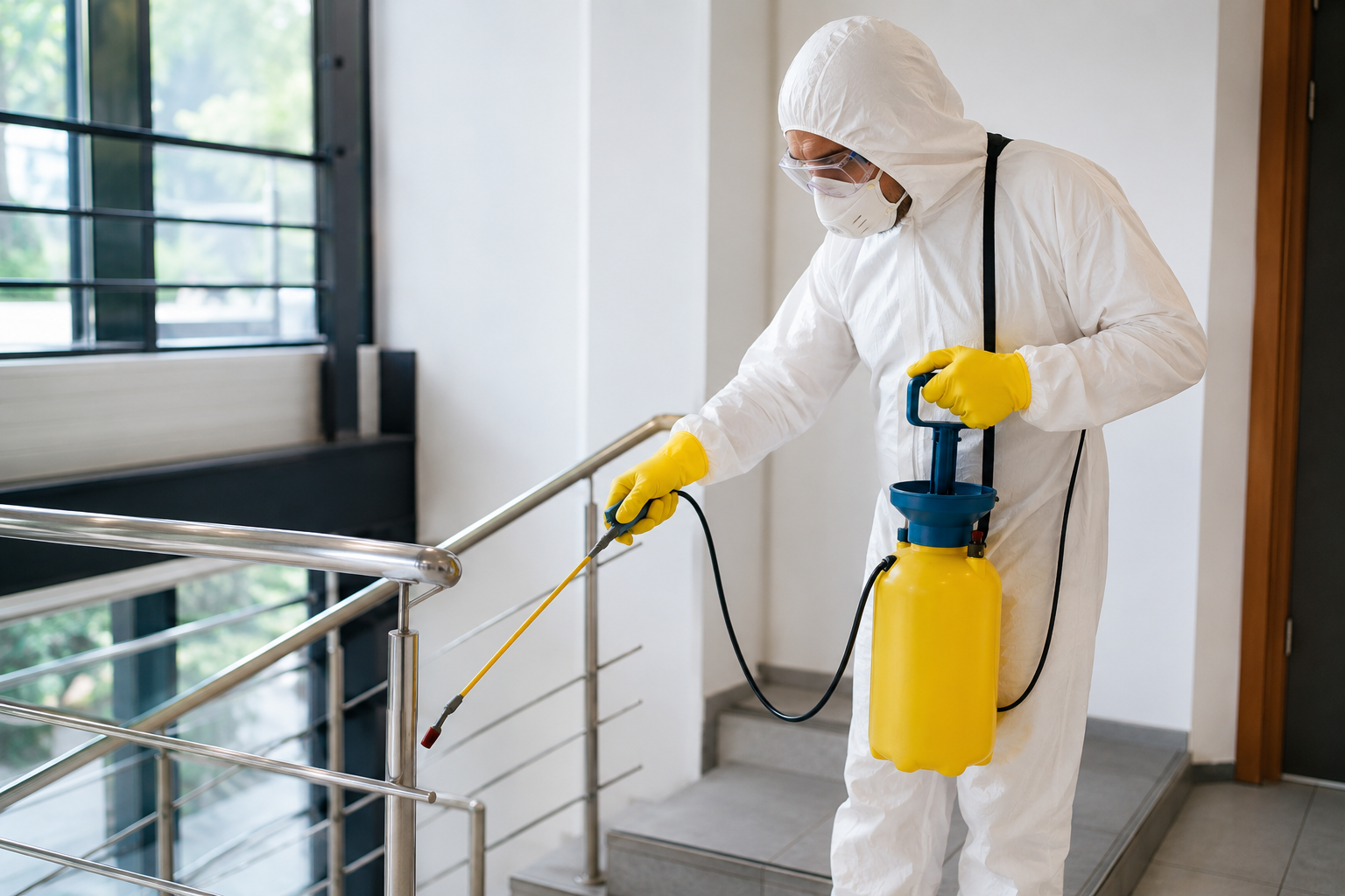 Worker in white protective suit spraying disinfectant on a stairway railing indoors