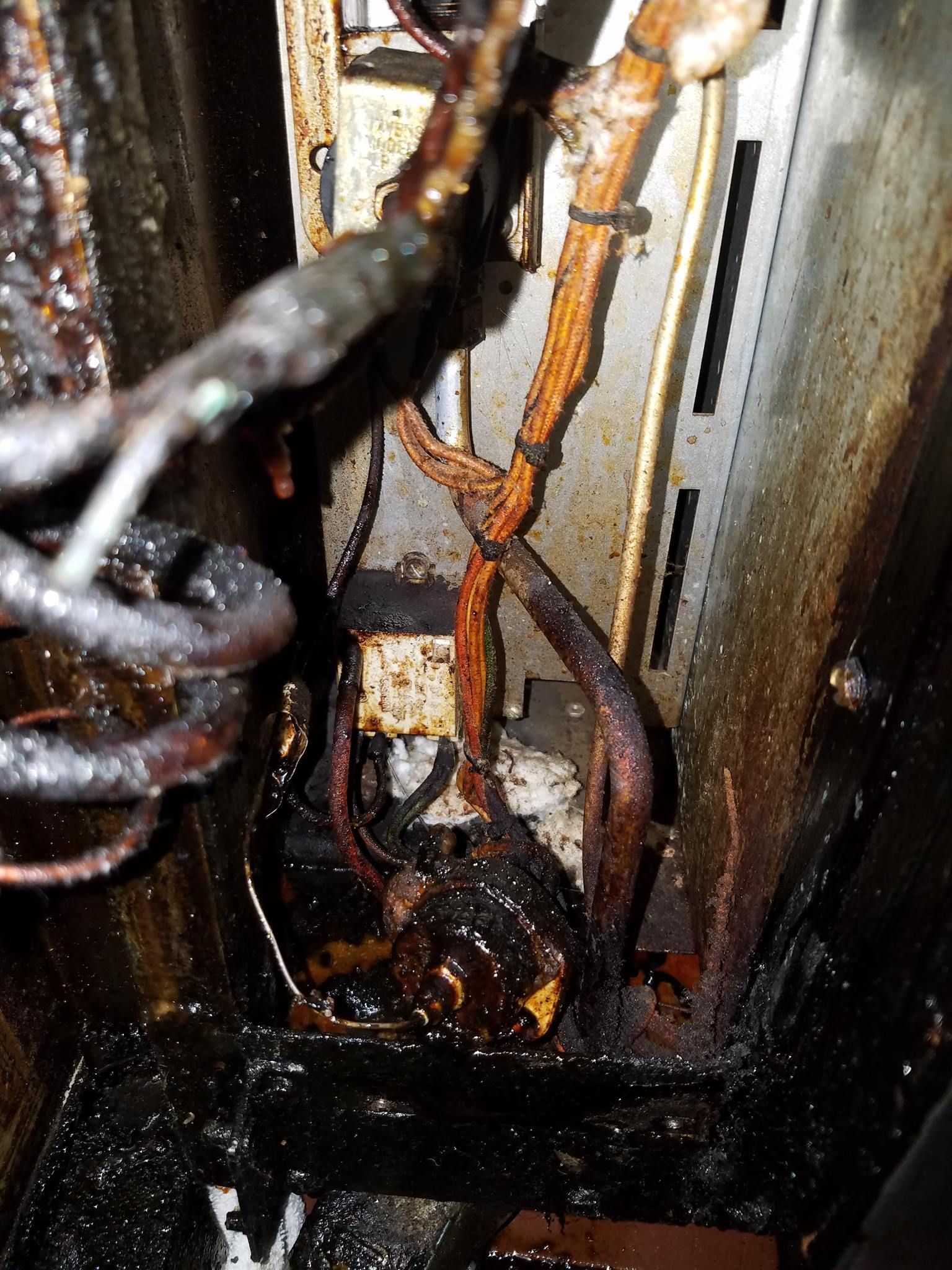 Rusty electrical wiring and corroded metal inside a damaged appliance compartment