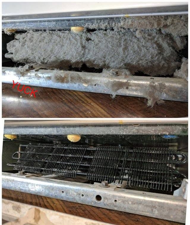 Close-up of a dirty, lint-clogged HVAC filter and vent assembly, shown before and after cleaning.