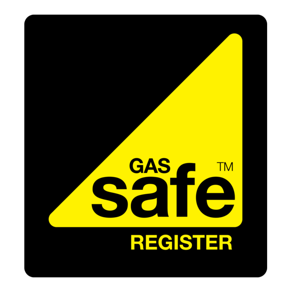 The Gas Safe Register logo features a yellow triangle on a black background with the words 