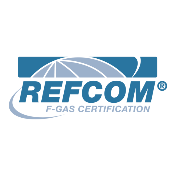 Blue and white Refcom logo for F-Gas Certification featuring a stylized dome graphic above the company name.