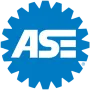 Blue ASE logo in a gear shape with white letters.