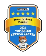 CARFAX “2025 Top-Rated Service Center” badge for Miller’s Auto Repair, with blue stars and CAR FOX mascot