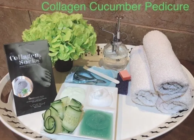 A tray with a collagen cucumber pedicure on it