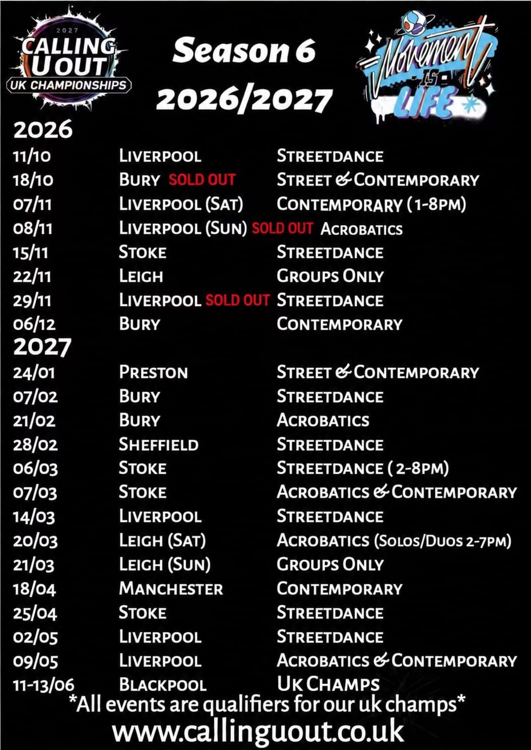 Calling U Out Season 6 dance event dates, October 2026 to June 2027