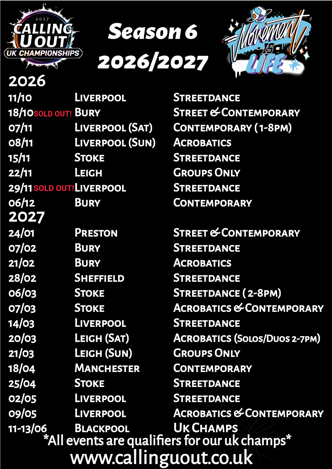 Calling U Out Season 6 dance event dates, October 2026 to June 2027
