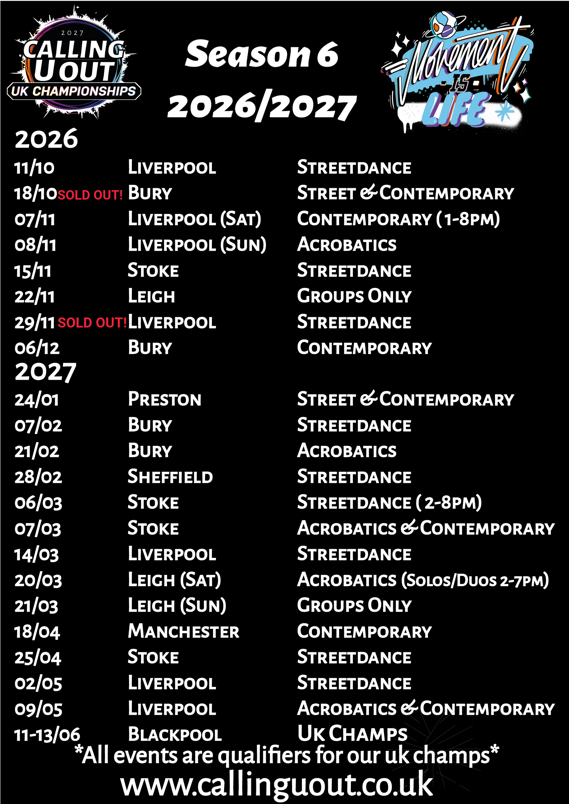 Calling U Out Season 6 dance event dates, October 2026 to June 2027