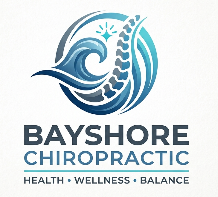 Bayshore Chiropractic logo with blue wave and spine icon, plus “Health • Wellness • Balance” text