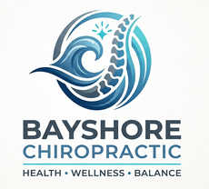 Bayshore Chiropractic logo in blue with wave and spine icon, plus tagline “Health • Wellness • Balance”