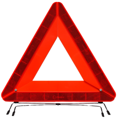Red reflective warning triangle on a white background, folded on a stand