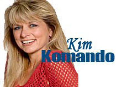Portrait of Kim Komando smiling in a red top beside blue “Kim Komando” text
