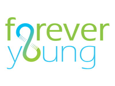 Forever Young radio show logo in gray, cyan, and green on a black background