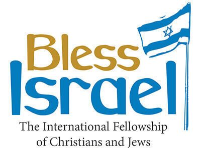 Bless Israel logo with blue-and-gold text and a small Israeli flag; “The International Fellowship of Christians and Jews”