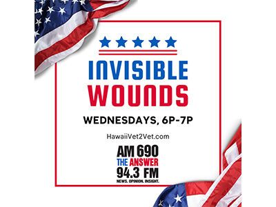 Poster for “Invisible Woods” on Wednesdays, 6–7 PM, with 94.3 FM and HawaiiVet2Vet branding, in red and blue