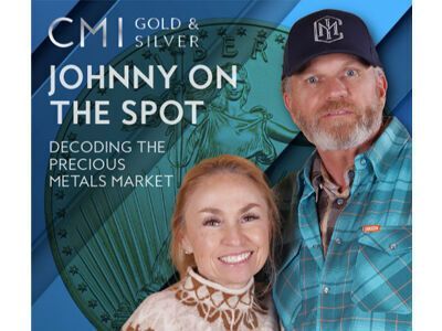 Podcast cover with “Johnny on the Spot,” CMI Gold & Silver branding, and two hosts against a blue coin background