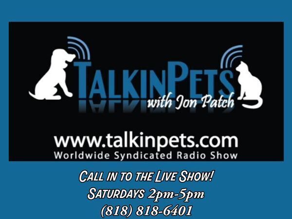 TalkinPets radio show promo with dog and cat logos, website, live call-in times, and phone number.