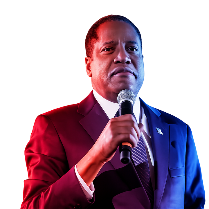 Man in a dark suit speaking into a microphone on a white background, lit with red and blue lighting