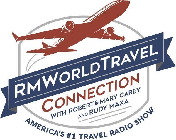 RMWorldTravel Connection logo with red airplane and blue banner, America's #1 travel radio show
