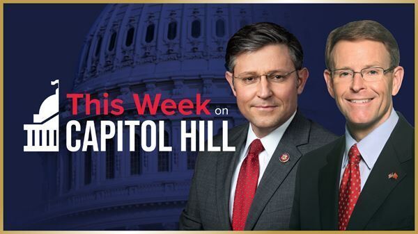 “This Week on Capitol Hill” graphic with two men in suits on a blue background.