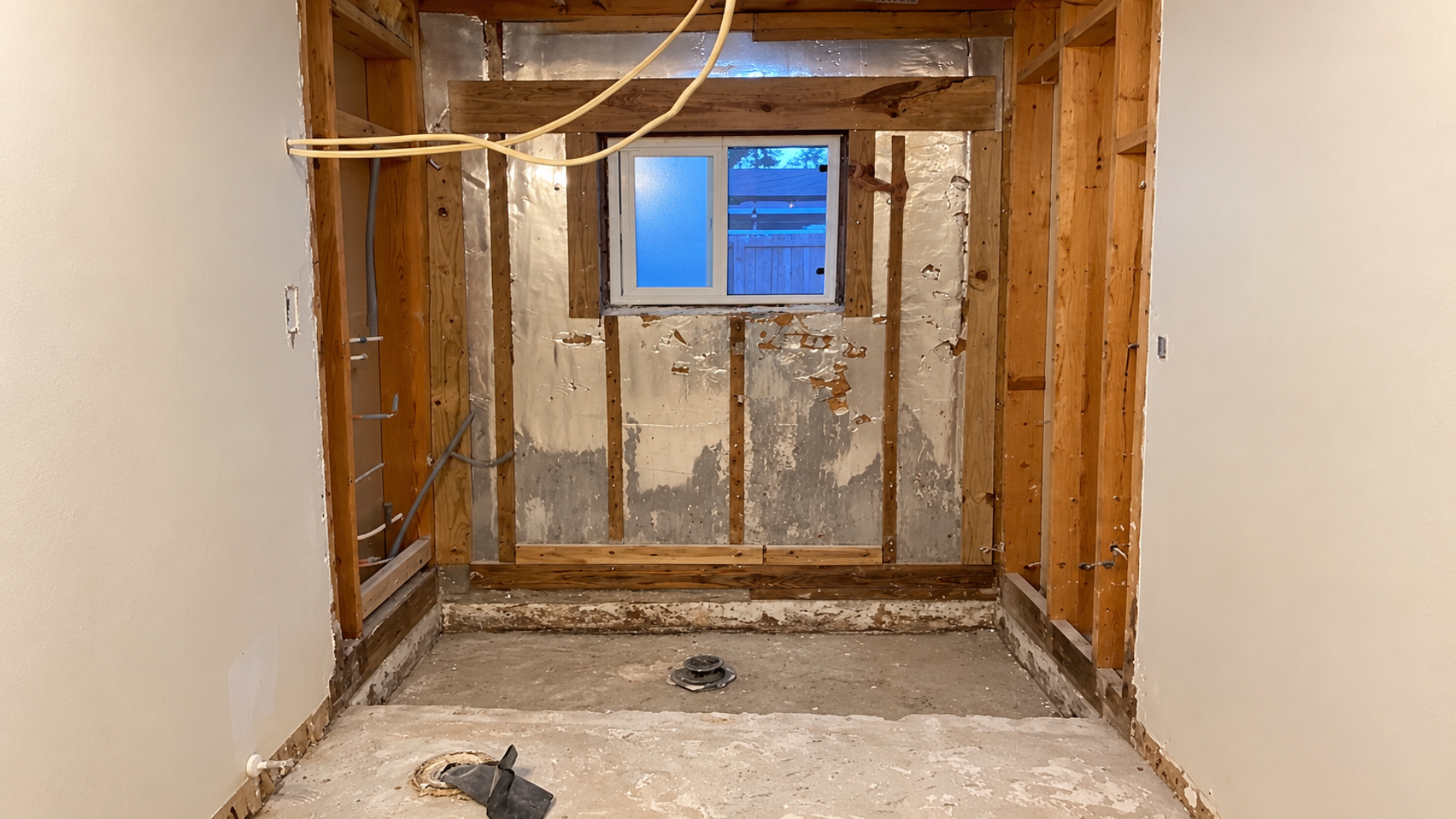 Dismantled room interior with exposed wooden studs, damaged walls, and a small blue-tinted window at the back.