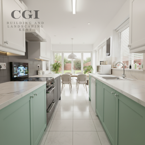 After photo of a modern open-plan kitchen and dining area in Kent, showing a bright extension with stylish cabinetry and large windows, designed by a Medway building company.