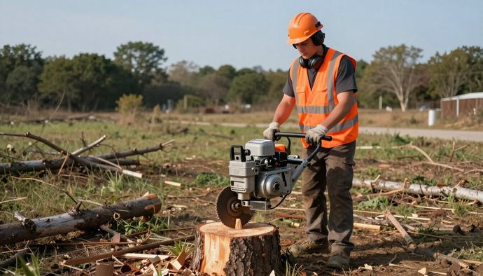 Worker grinds a tree stump with powered equipment during Tree Service in Happy Valley, OR to clear space for landscaping