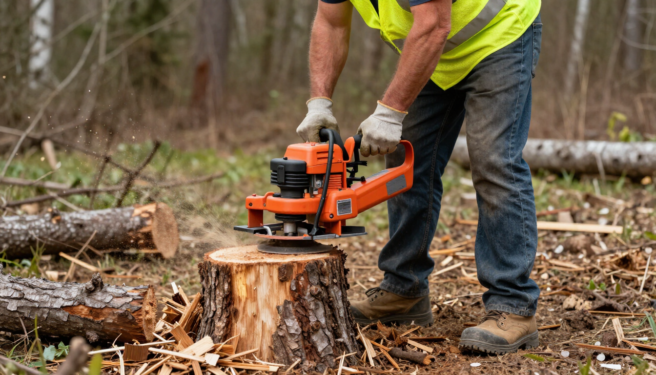 Worker grinds a large stump with compact equipment during Tree Service in Happy Valley, OR to prepare the yard for reuse