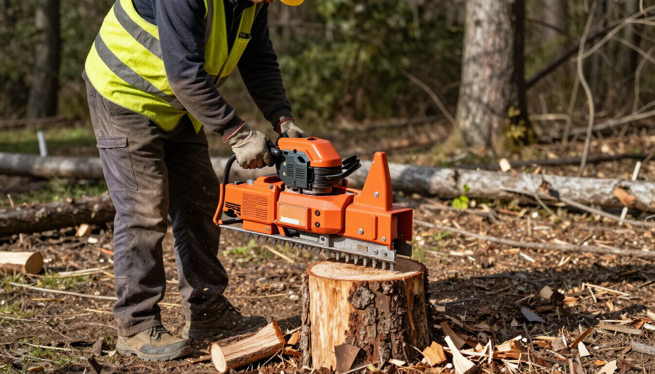 Worker operates a stump grinder on a cut tree base during Tree Service in Happy Valley, OR for cleaner landscaping space