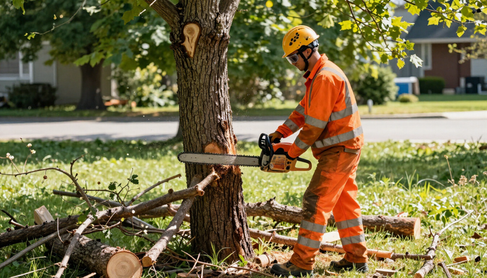 Worker cuts a fallen trunk with chainsaw during Tree Service in Happy Valley, OR for safe tree removal and yard cleanup.