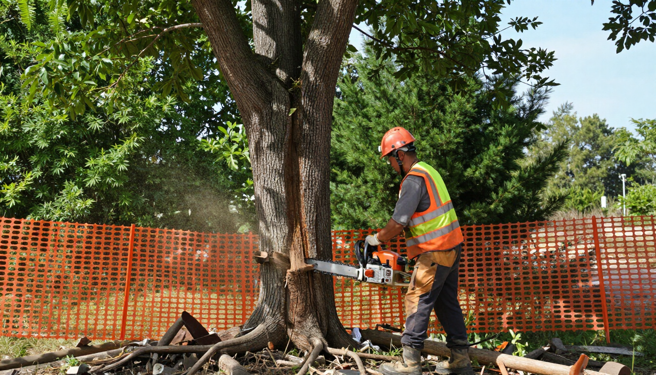 Worker removes cut tree section with chainsaw during Tree Service in Happy Valley, OR for controlled residential cleanup