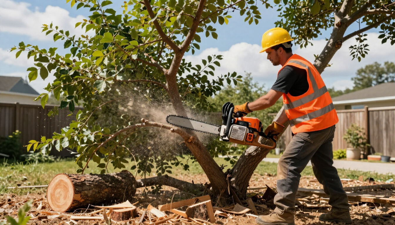 Worker cuts a fallen tree during Tree Service in Happy Valley, OR to remove storm debris and clear the residential yard.