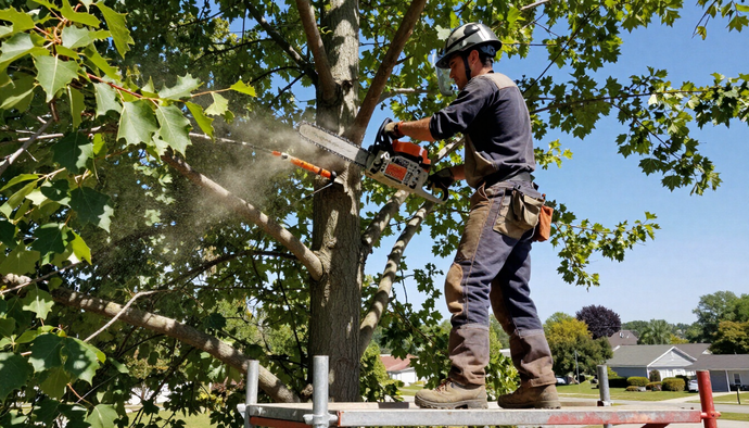 Worker trims overhead branches with pole saw during Tree Service in Happy Valley, OR for safer clearance around the yard