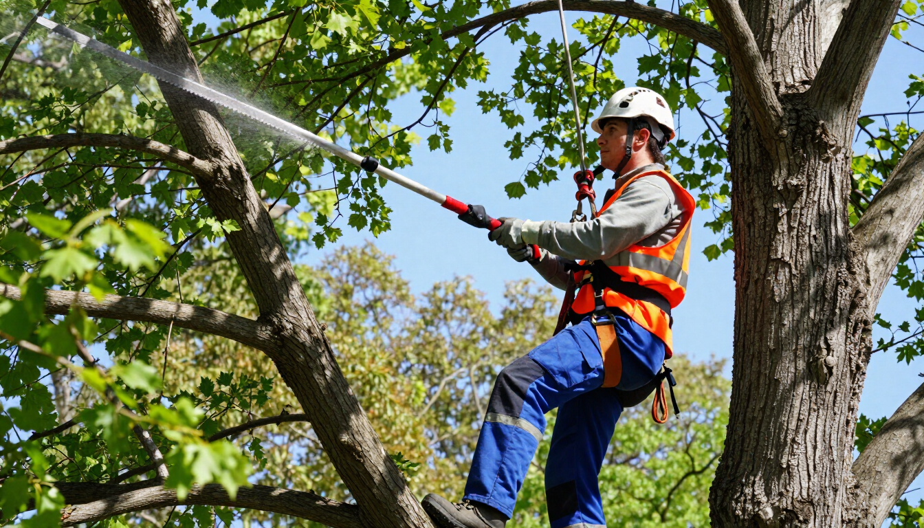 Climber trims leafy branches with a chainsaw during Tree Service in Happy Valley, OR for safer canopy clearance and care
