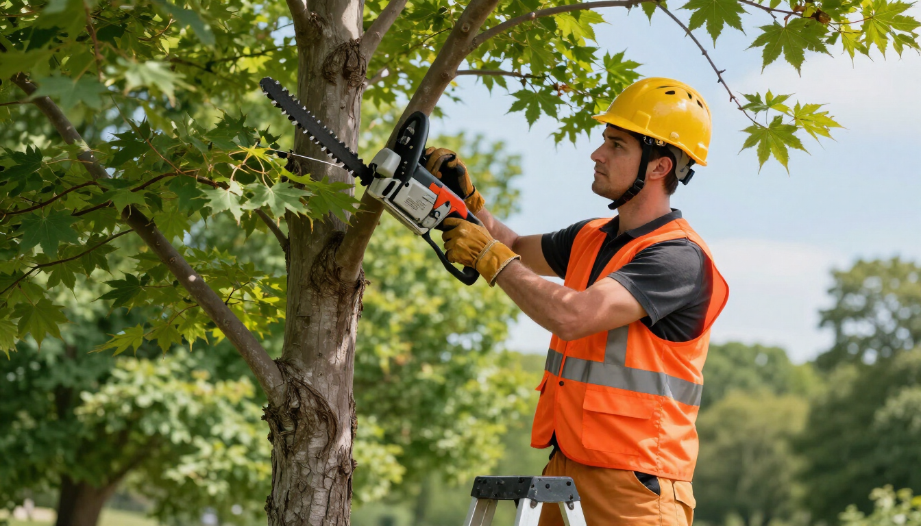 Worker prunes leafy branches with pole saw during Tree Service in Happy Valley, OR to improve canopy shape and clearance