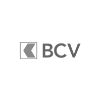Logo BCV : lettres grises « BCV » à droite d'un carré gris avec des flèches inclinées à l'intérieur.