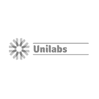 Logo Unilabs avec une icône grise en forme de fleur et un nom de marque sur fond blanc