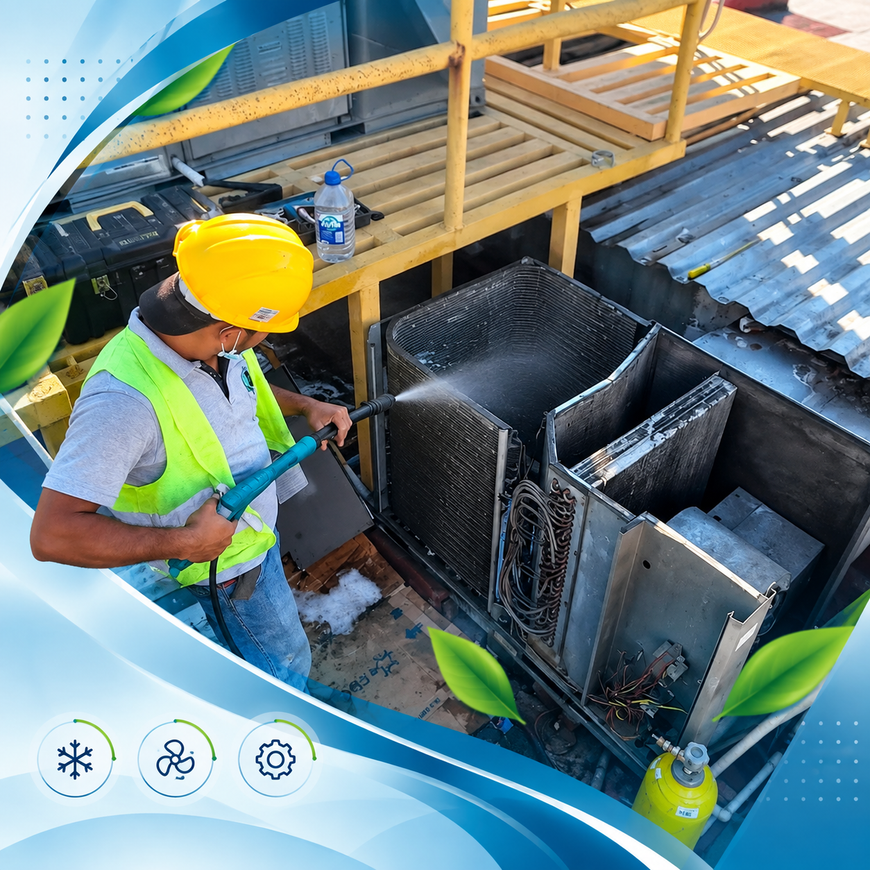 Un trabajador con casco amarillo utiliza una manguera para limpiar equipos metálicos en una plataforma industrial.