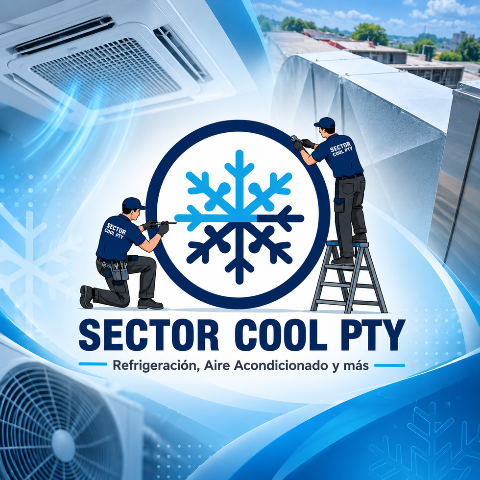 Logotipo de Sector Cool Pty con copo de nieve azul, técnicos de climatización e imágenes de aires acondicionados.