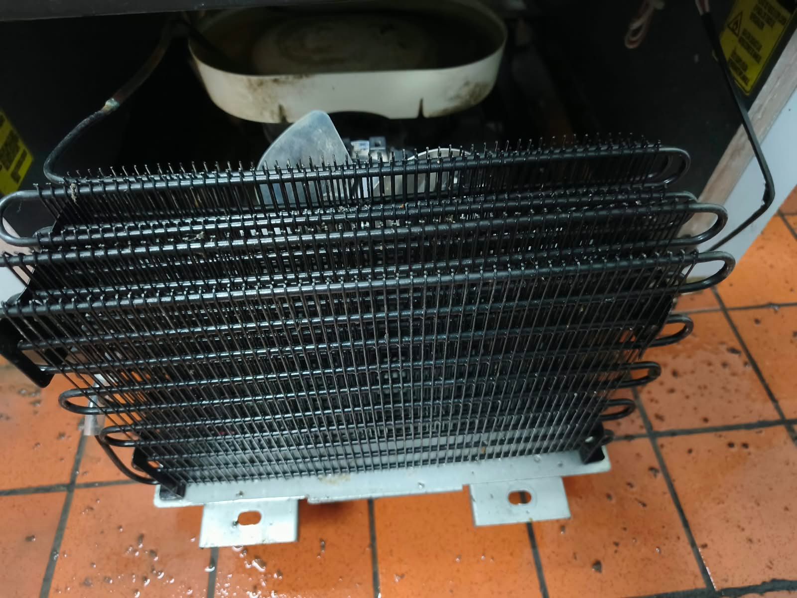 Serpentín condensador de refrigerador negro sobre un soporte metálico, con una bandeja de alambre y azulejos de cocina al fondo.