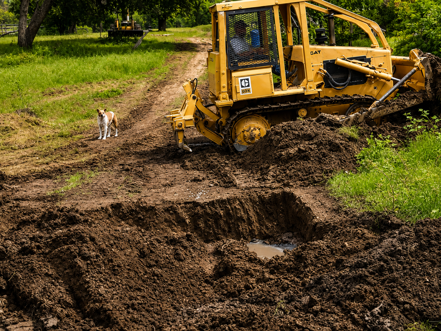 Yellow bulldozer digging muddy trench in a grassy field, with a small dog nearby