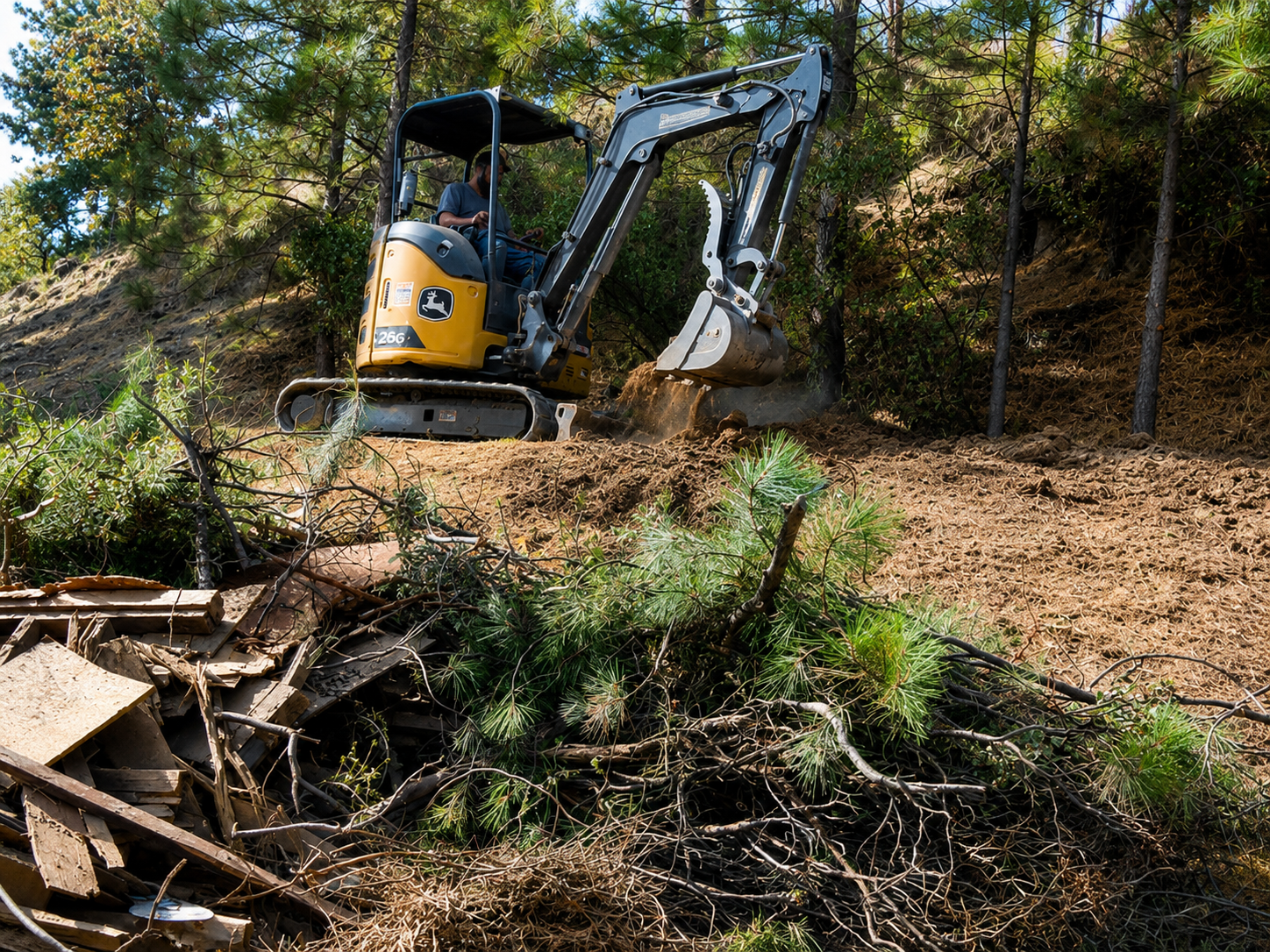 Yellow excavator clearing brush on a wooded hillside with piles of debris in the foreground