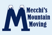 Logo of a yellow excavator in front of mountains with text “MECCHI MOUNTAIN MOVING”