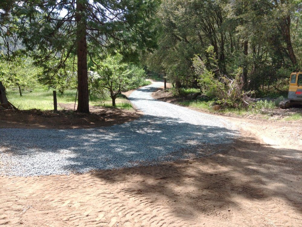 Gravel road curving through a wooded area with sunlight and shadows, with a vehicle partly visible at right.