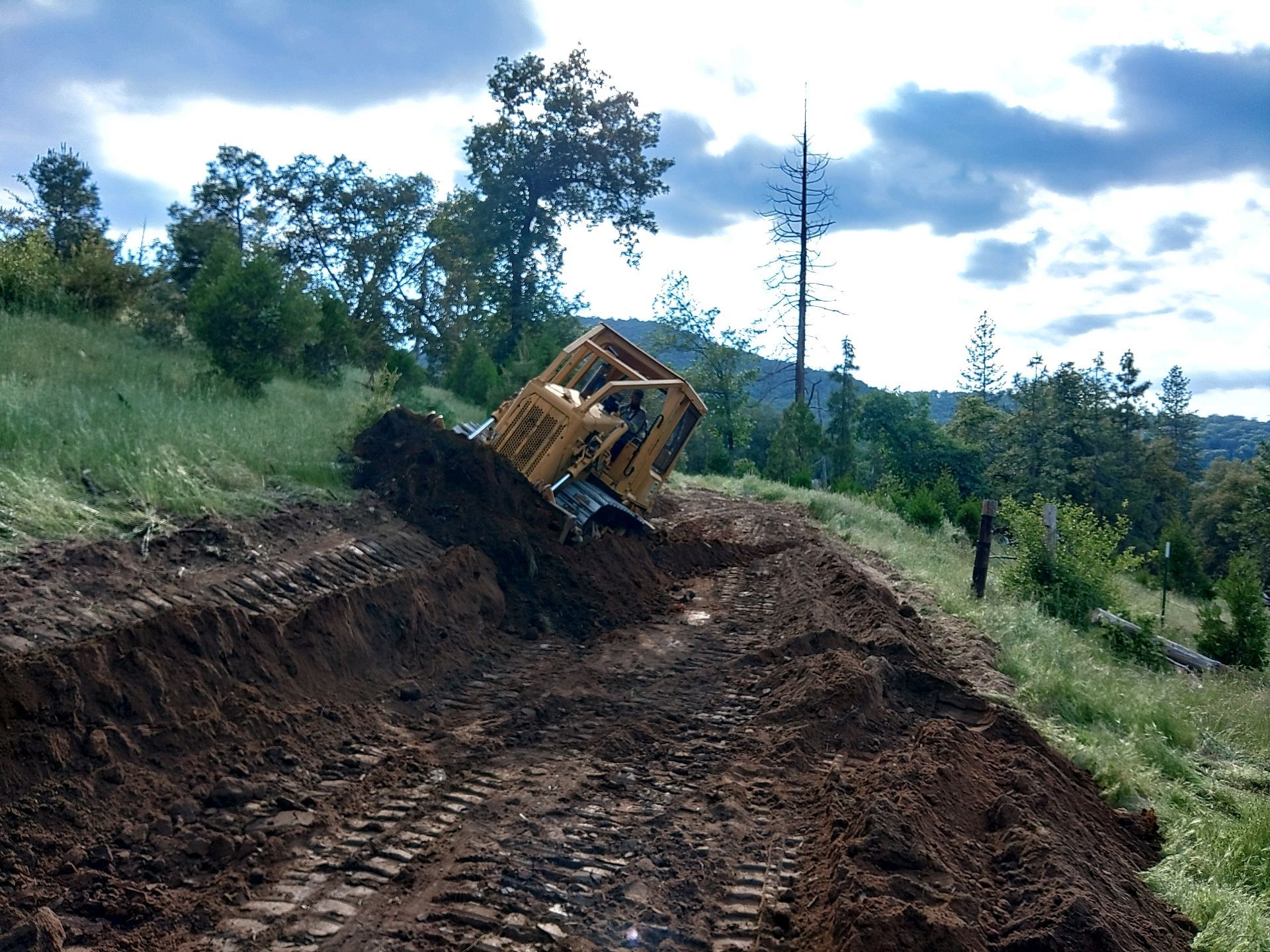 Bulldozer on a steep dirt road in a wooded hillside, with fresh tracks and cloudy sky.