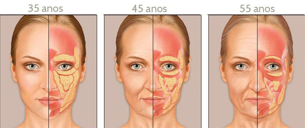 O rosto de uma mulher é mostrado em três estágios diferentes de envelhecimento.