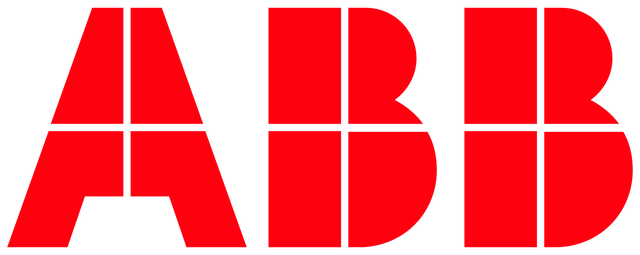 Logo ABB in rosso con griglia a linee bianche.