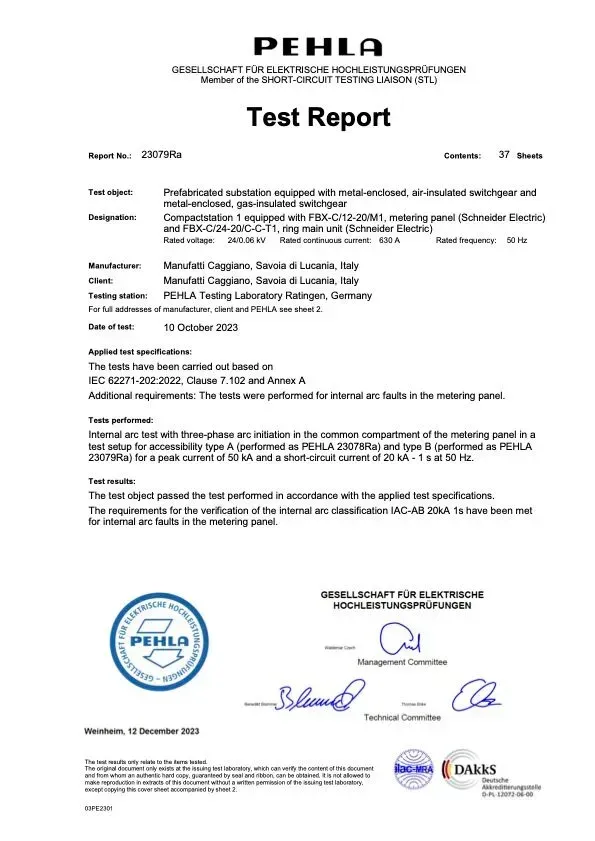 Documento di rapporto di prova con logo PEHLA e firme.