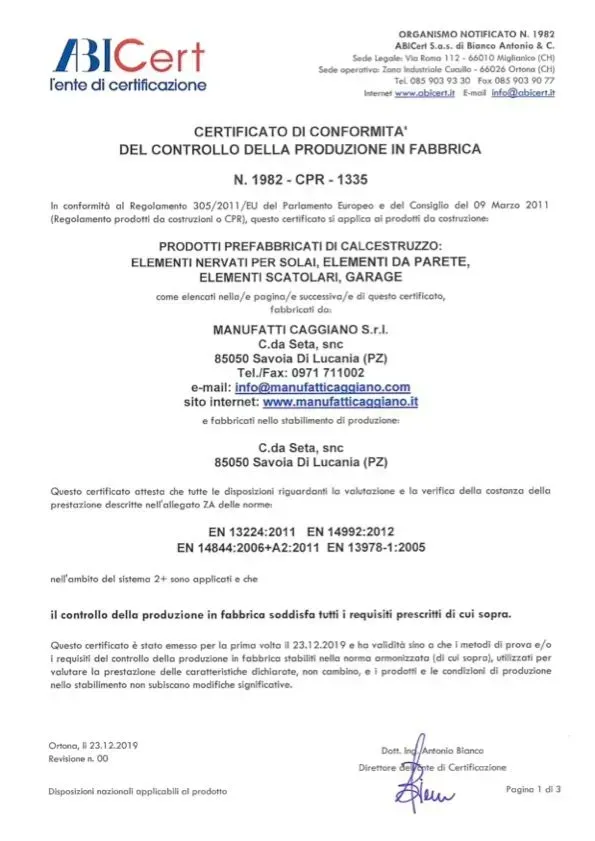 Certificato di conformità per il controllo della produzione in fabbrica rilasciato da BI Cert, che elenca gli elementi del prodotto e i dettagli del produttore.